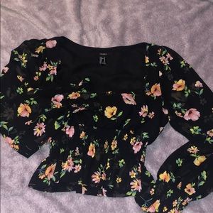Square neck floral crop long sleeve